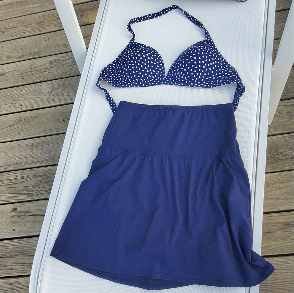 Land’s End 14 High Waist Tummy Control Navy Long Swim Skirt Bottom& 36DD Bikini